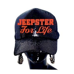 Jeepster For Life!  Black Sequin Cap with Red Shiny Glitter & Crystals.